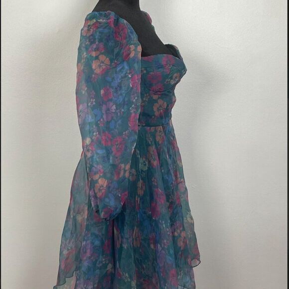 Selkie-Inspired Floral Organza Dress with Puff Sleeves - Picture 3 of 5